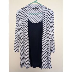 Liz McCoy Woman Size 2X 3/4 Sleeve Navy Blue And White Herringbone Two In One